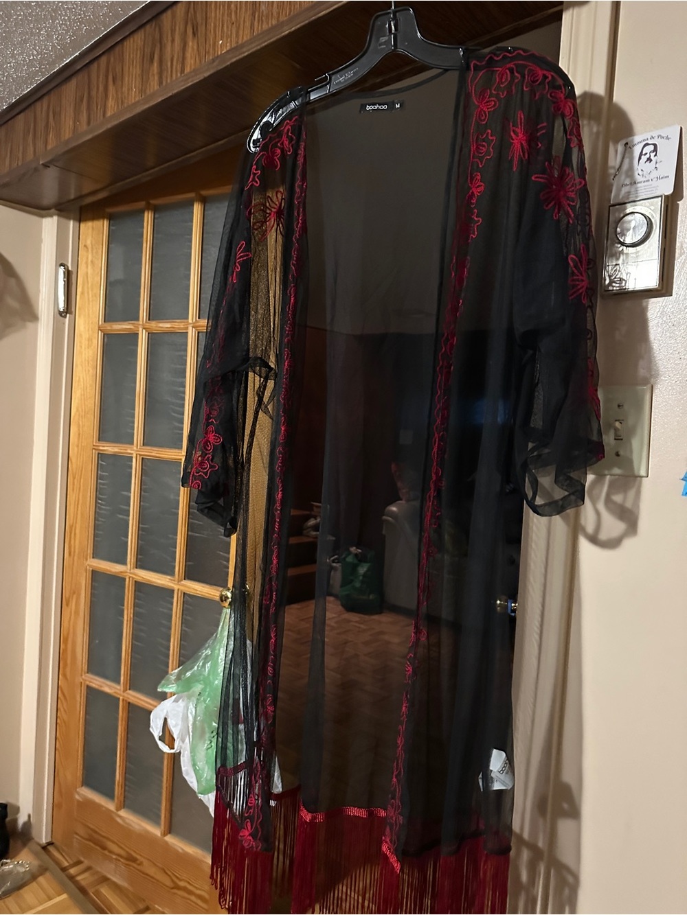 Boohoo Black Sheer Kimono with Red Floral Embroidery & Fringe